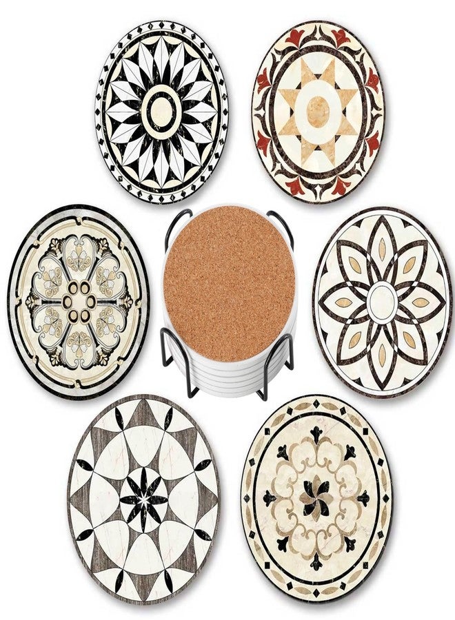 Baalaka Drink Coasters Set of 6 with Holder, Ceramic Absorbent Coaster for Drinks, Boho Coasters with Cork Base for Tabletop Protection, Coffee Table Decor 4 inches - Image 1